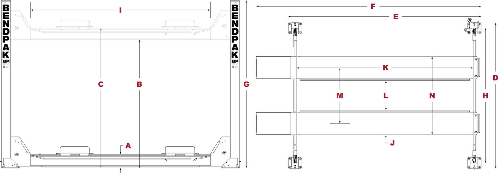 HDS-14XT Four-Post Lift Specifications Diagram