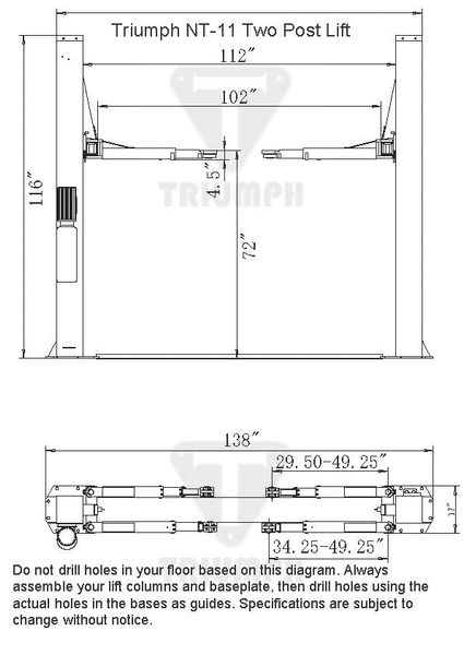 Triumph NT 11 11,000 lb Two Post Auto Lift Diagram