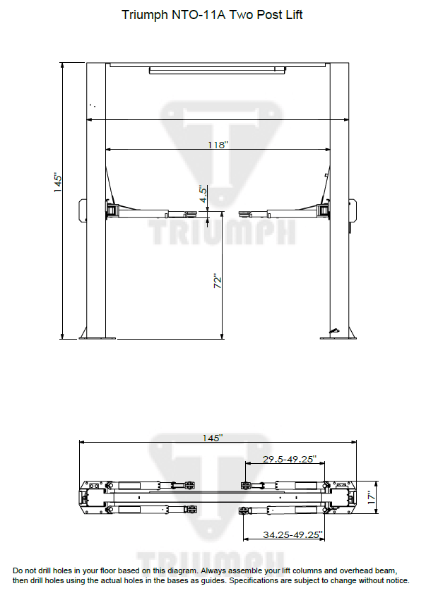 NTO-11A 11,000 lb Two Post Auto Lift Diagram